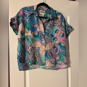 Cynthia Rowley Vibrant Leaf Print 100% Linen Shirt